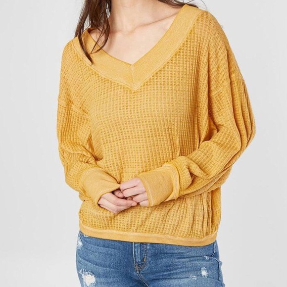 Free People South Side Thermal Top Yellow Long Sleeve V-Neck Burnout Size Small - Picture 1 of 5